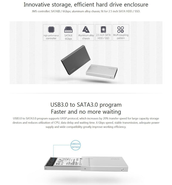 ORICO 2518S3 USB3.0 External Hard Disk Box Storage Case for 7mm & 9.5mm 2.5 inch SATA HDD / SSD (Silver)