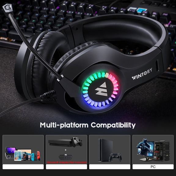 Wintory M3 USB + 3.5mm 4 Pin Adjustable RGB Light Gaming Headset with Mic (Black)