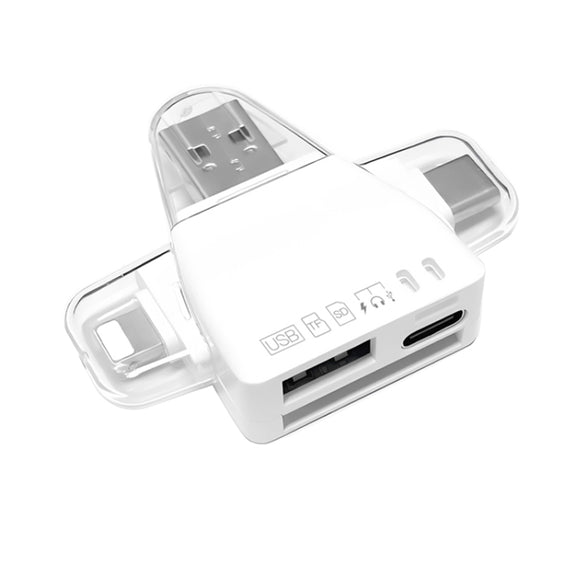 7 in 1 Card Reader USB + Type-C + 8 Pin + TF Card + SD Card + Earphone Adapter (White)
