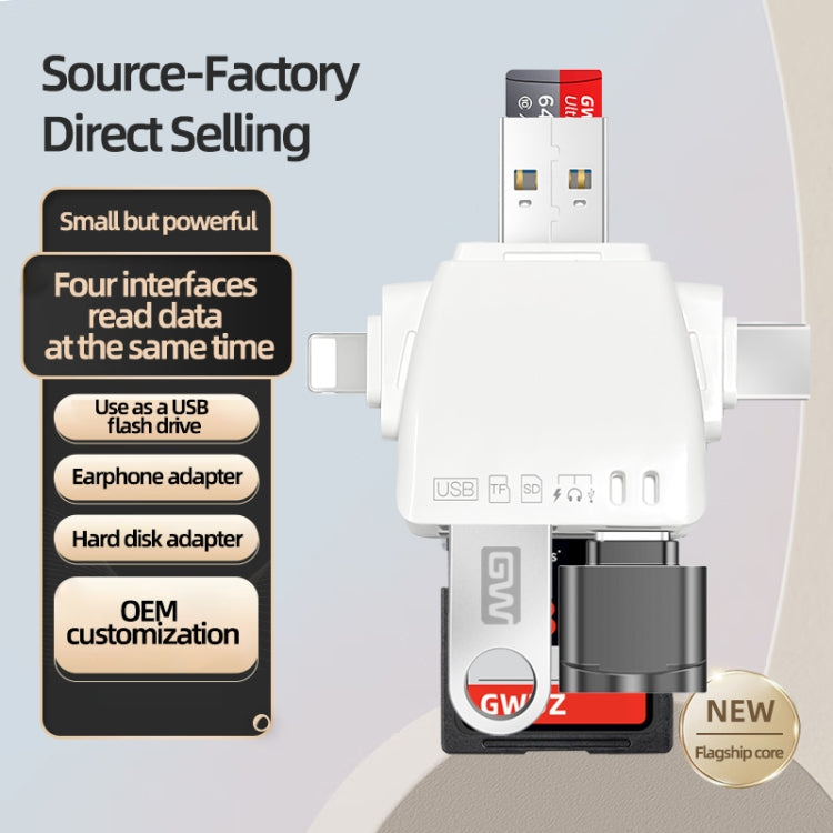 7 in 1 Card Reader USB + Type-C + 8 Pin + TF Card + SD Card + Earphone Adapter (Black)