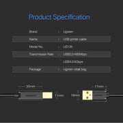 UGREEN USB 2.0 Gold-plated Printer Cable Data Cable, For Canon, Epson, HP, Cable Length: 1.5m