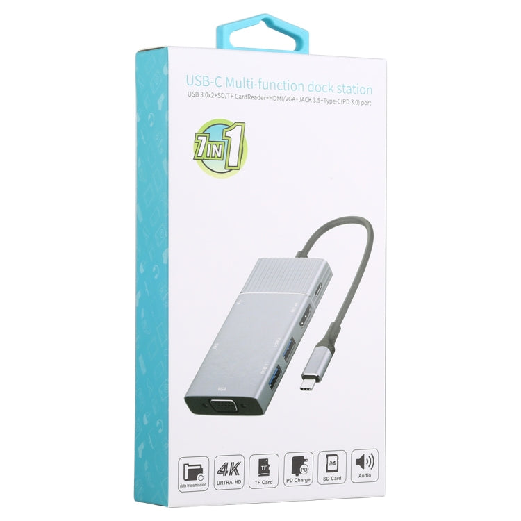 7 In 1 Dual USB 3.0 + TF/SD + HDMI/VGA + 3.5mm Jack + Type-C / USB-C Multi-function USB-C Dock Station