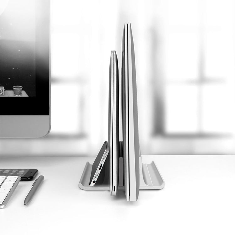 Universal Portable Aluminum Alloy Double Slot Width Adjustable Laptop Vertical Storage Stand Base(Silver)