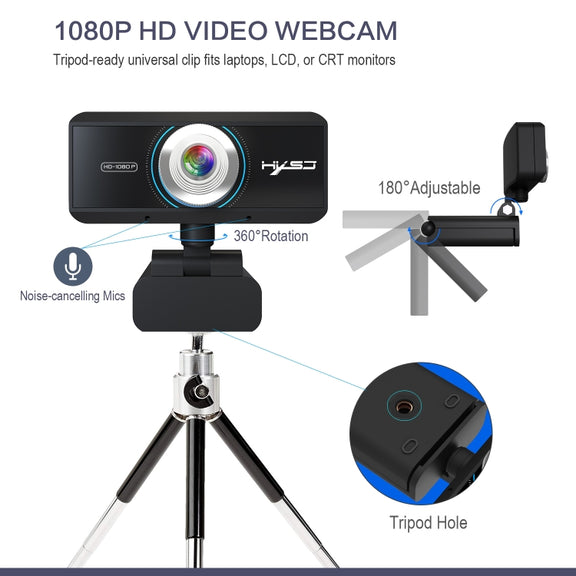 HXSJ S4 1080P Adjustable 180 Degree HD Manual Focus Video Webcam PC Camera with Microphone(Black)