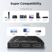 3 Port HDMI 8K Switcher Selector Box with Pigtail Cable (Black)