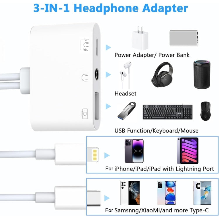 NK-109Pro USB-C/Type-C+8 Pin to USB+3.5mm+USB-C/Type-C Multifunctional Audio Adapter