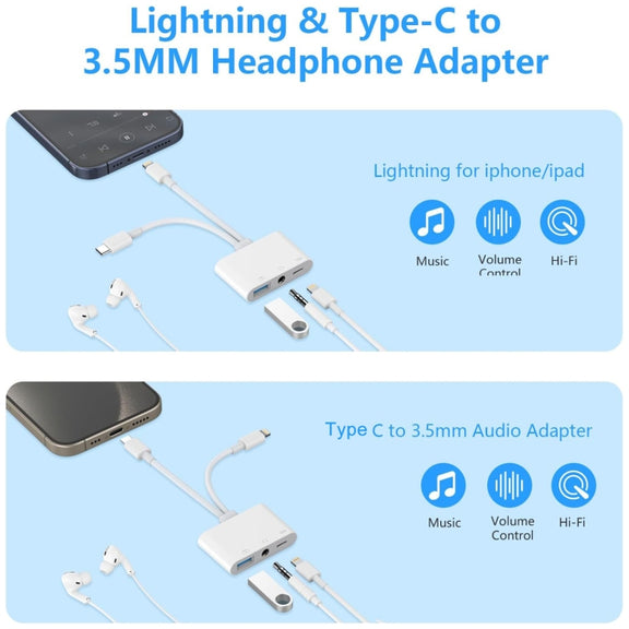 NK-109Pro USB-C/Type-C+8 Pin to USB+3.5mm+USB-C/Type-C Multifunctional Audio Adapter