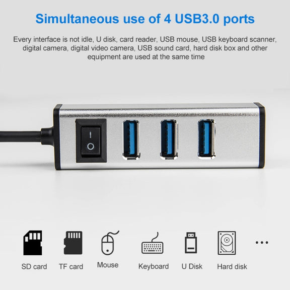 USB-C / Type-C to 4 USB 3.0 Ports Aluminum Alloy HUB with Switch (Grey)