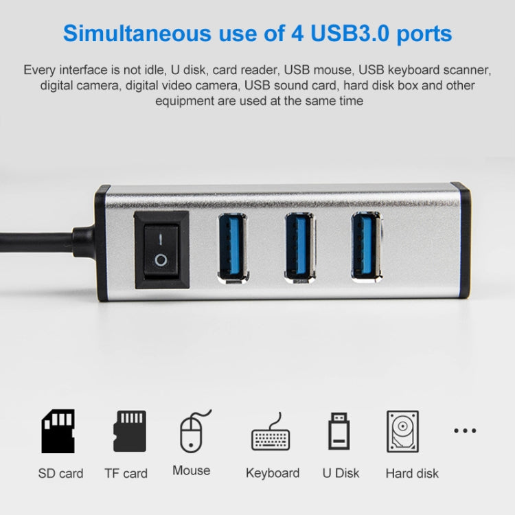 USB-C / Type-C to 4 USB 3.0 Ports Aluminum Alloy HUB with Switch (Silver)