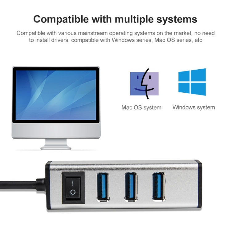 USB-C / Type-C to 4 USB 3.0 Ports Aluminum Alloy HUB with Switch (Grey)