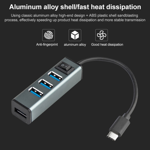 USB-C / Type-C to 4 USB 3.0 Ports Aluminum Alloy HUB with Switch (Grey)
