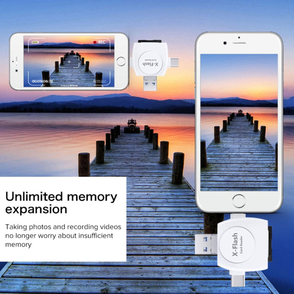 X-Flash R01 3 in 1 8 Pin + USB-C / Type-C + Micro USB Interface SD / TF Card Reader(White)