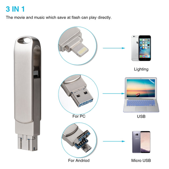 Richwell 3 in 1 32G Micro USB + 8 Pin + USB 3.0 Metal Rotating Push-pull Flash Disk with OTG Function(Silver)