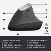 Logitech MX Vertical 4000DPI USB-C / Type-C + Unifying + Bluetooth Three-mode Ergonomic Wireless Vertical Optical Mouse (Black)