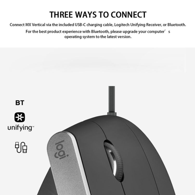 Logitech MX Vertical 4000DPI USB-C / Type-C + Unifying + Bluetooth Three-mode Ergonomic Wireless Vertical Optical Mouse (Black)