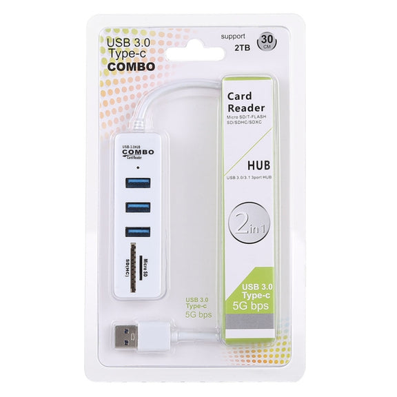 2 in 1 TF / SD Card Reader + 3 x USB 3.0 Ports to USB 3.0 HUB Converter, Cable Length: 26cm(White)