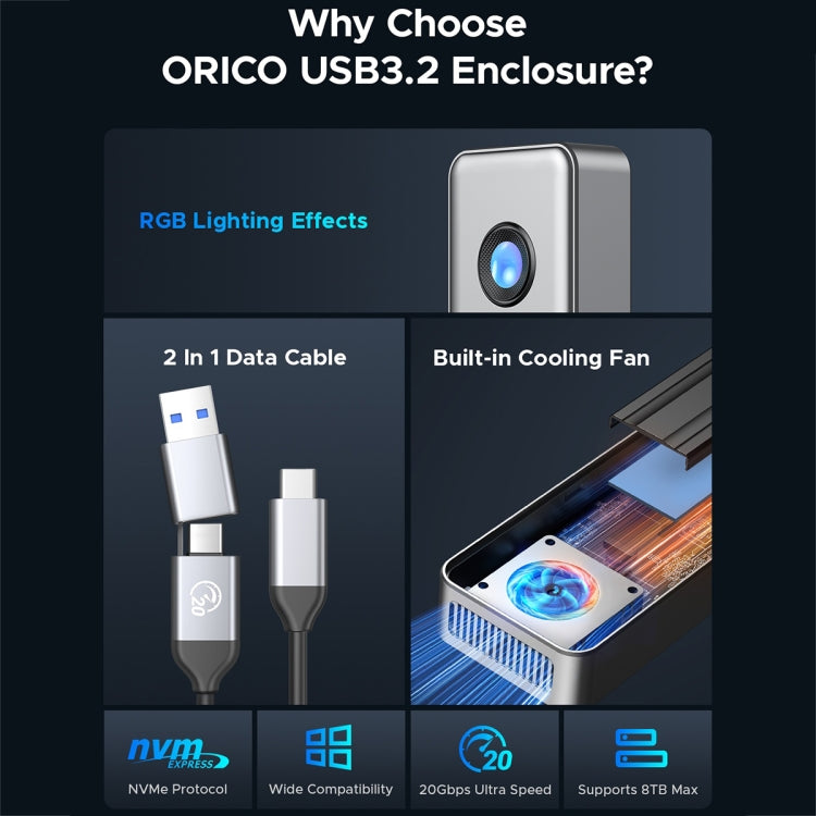 ORICO OUM2-G20-GY-BP 20Gbps M.2 SSD Enclosure with Type-C+USB Cable