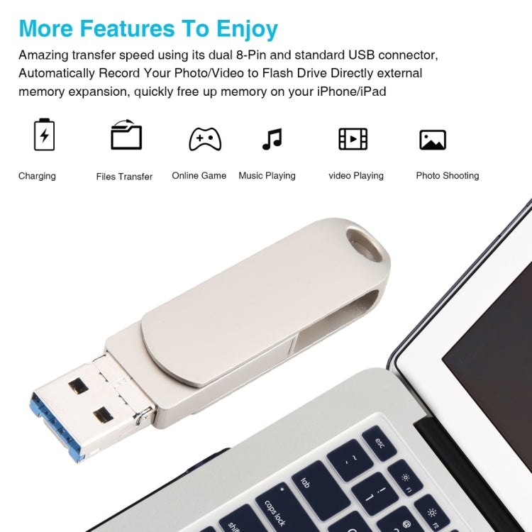 3 in 1 64G USB + 8 Pin + Type-C Metal Rotating Push-pull Flash Disk with OTG Function (Silver)