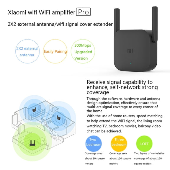 Original Xiaomi Mi WiFi Amplifier Pro 300Mbps WiFi Smart Extender Router with 2x2 External Antennas, US Plug(Black)