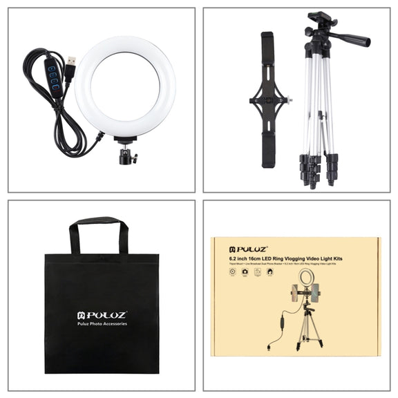 PULUZ Tripod Mount +  Live Broadcast Dual Phone Bracket + 6.2 inch 16cm LED Ring Vlogging Video Light Kits
