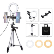 PULUZ Tripod Mount +  Live Broadcast Dual Phone Bracket + 6.2 inch 16cm LED Ring Vlogging Video Light Kits
