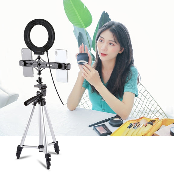 PULUZ Tripod Mount +  Live Broadcast Dual Phone Bracket + 6.2 inch 16cm LED Ring Vlogging Video Light Kits