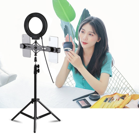 PULUZ 1.1m Tripod Mount + Live Broadcast Dual Phone Bracket + 6.2 inch 16cm LED Ring Vlogging Video Light Kits
