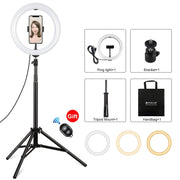 PULUZ 10.2 inch 26cm Light + 1.65m Tripod Mount Curved Surface USB 3 Modes Dimmable Dual Color Temperature Ring Vlogging Video Light Live Broadcast Kits with Phone Clamp & Selfie Remote Control(Black)