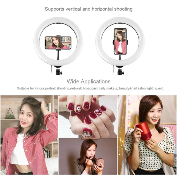 PULUZ 10.2 inch 26cm Light + 1.65m Tripod Mount Curved Surface USB 3 Modes Dimmable Dual Color Temperature Ring Vlogging Video Light Live Broadcast Kits with Phone Clamp & Selfie Remote Control(Black)