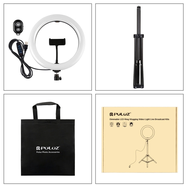 PULUZ 10.2 inch 26cm Light + 1.65m Tripod Mount Curved Surface USB 3 Modes Dimmable Dual Color Temperature Ring Vlogging Video Light Live Broadcast Kits with Phone Clamp & Selfie Remote Control(Black)