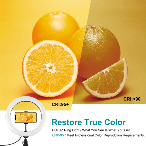 PULUZ 10.2 inch 26cm Light + Desktop Tripod Mount USB 3 Modes Dimmable Dual Color Temperature LED Curved Diffuse Light Ring Vlogging Selfie Photography Video Lights with Phone Clamp & Selfie Remote Control(Black)