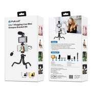 PULUZ  4 in 1 Vlogging Live Mini Octopus Bracket Kit + Studio Light + Microphone + Phone Clamp Kits(Black)