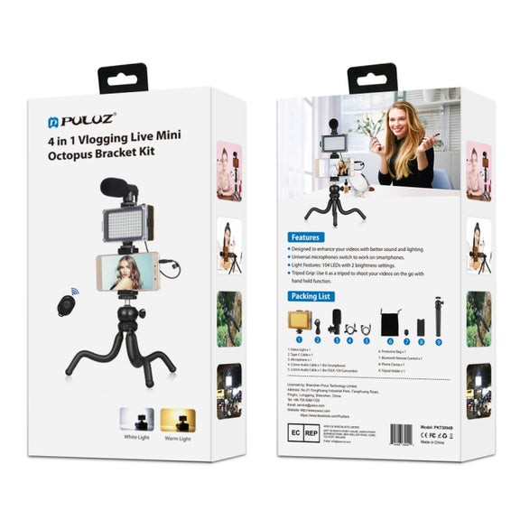 PULUZ  4 in 1 Vlogging Live Mini Octopus Bracket Kit + Studio Light + Microphone + Phone Clamp Kits(Black)