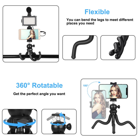 PULUZ  4 in 1 Vlogging Live Mini Octopus Bracket Kit + Studio Light + Microphone + Phone Clamp Kits(Black)