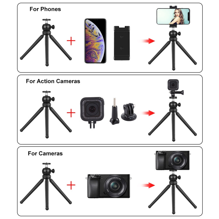 PULUZ  4 in 1 Vlogging Live Mini Octopus Bracket Kit + Studio Light + Microphone + Phone Clamp Kits(Black)