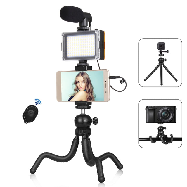 PULUZ  4 in 1 Vlogging Live Mini Octopus Bracket Kit + Studio Light + Microphone + Phone Clamp Kits(Black)