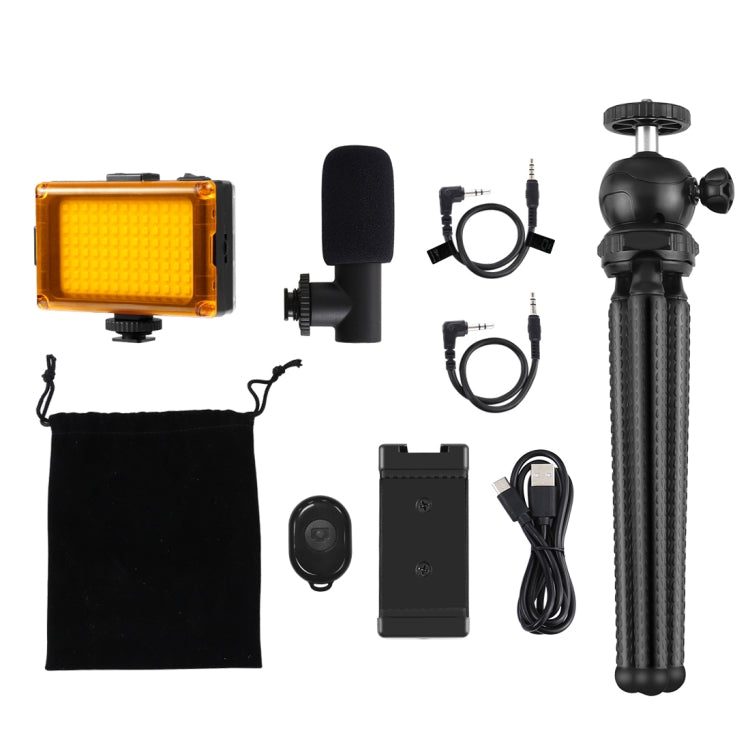 PULUZ  4 in 1 Vlogging Live Mini Octopus Bracket Kit + Studio Light + Microphone + Phone Clamp Kits(Black)