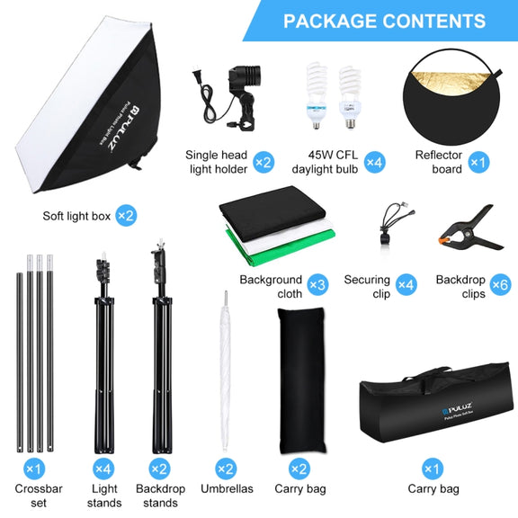 PULUZ LED Light Studio Softbox Photography Kit with Background & Reflective & Tripod Mount & Sandbags (US Plug)