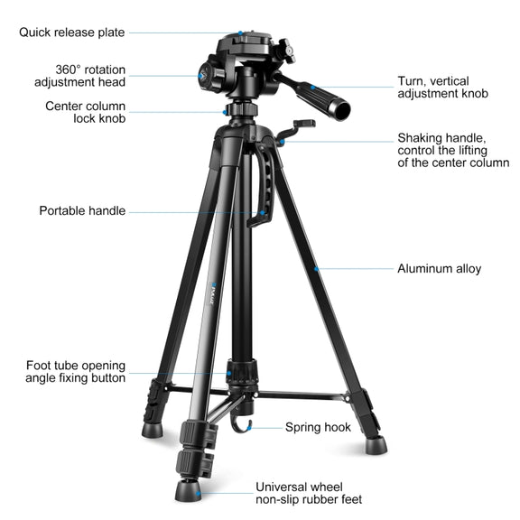 PULUZ Aluminum Selfie Live Tripod Mount with Three-dimensional Head & Phone Clamp(Black)