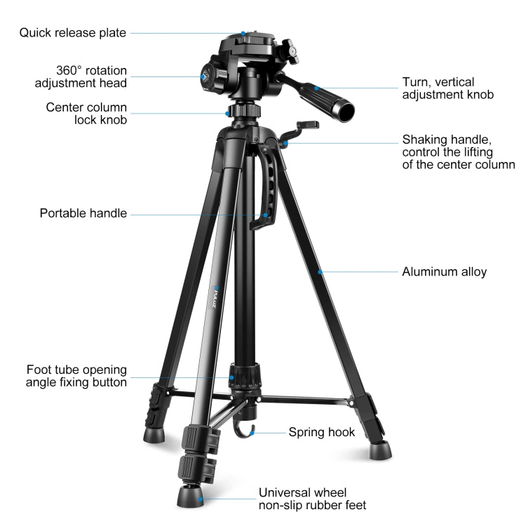 PULUZ Aluminum Selfie Live Tripod Mount with Three-dimensional Head & Phone Clamp(Black)