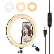 PULUZ 10.2 inch 26cm USB 3 Modes Dimmable Dual Color Temperature LED Curved Diffuse Light Ring Vlogging Selfie Photography Video Lights with Phone Clamp(Black)