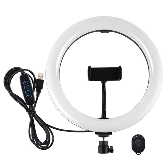 PULUZ 10.2 inch 26cm USB 3 Modes Dimmable Dual Color Temperature LED Curved Diffuse Light Ring Vlogging Selfie Photography Video Lights with Phone Clamp(Black)