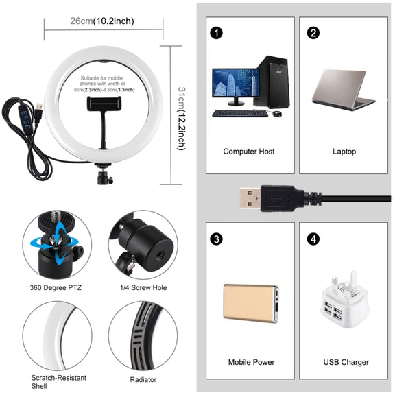 PULUZ 10.2 inch 26cm USB 3 Modes Dimmable Dual Color Temperature LED Curved Diffuse Light Ring Vlogging Selfie Photography Video Lights with Phone Clamp(Black)