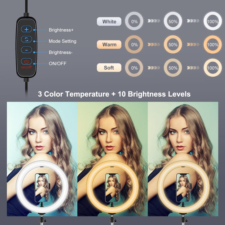 PULUZ 10.2 inch 26cm USB 3 Modes Dimmable Dual Color Temperature LED Curved Diffuse Light Ring Vlogging Selfie Photography Video Lights with Phone Clamp(Black)