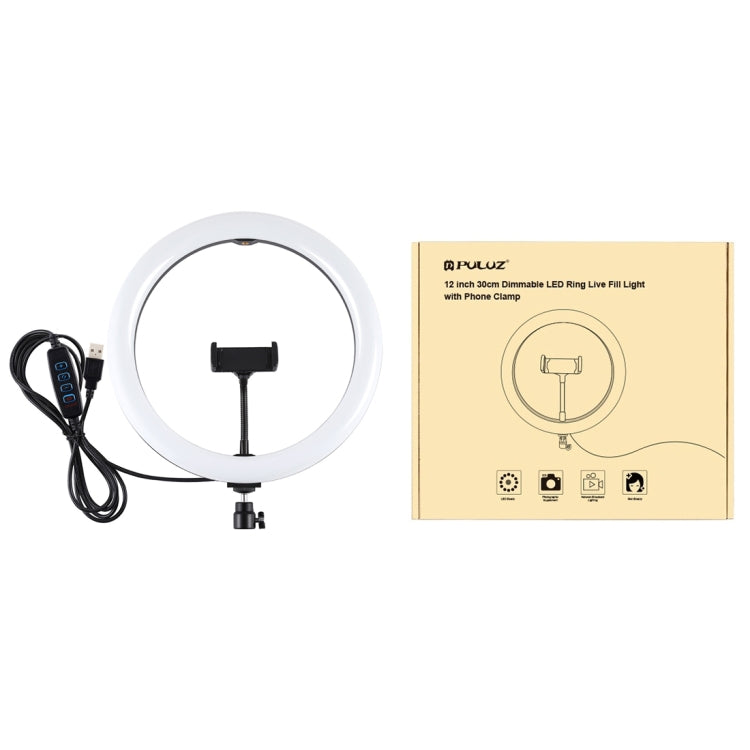 PULUZ 11.8 inch 30cm USB 3 Modes Dimmable Dual Color Temperature LED Curved Diffuse Light Ring Vlogging Selfie Photography Video Lights with Phone Clamp(Black)