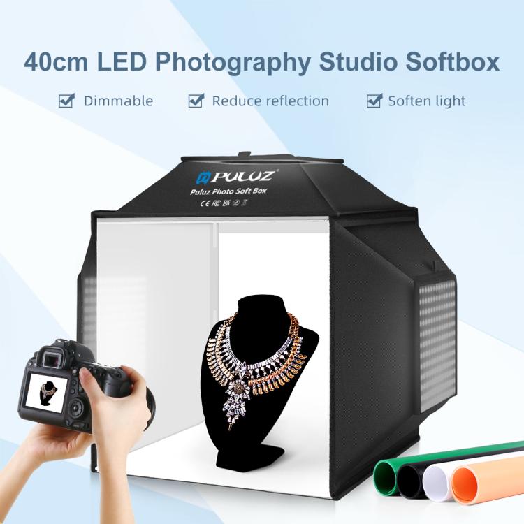 PULUZ 40cm Folding 72W 5500K Studio Shooting Tent Soft Box Photography Lighting Kit with 4 Colors (Black, Orange, White, Green) Backdrops(EU Plug)