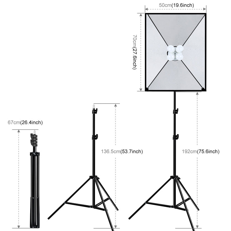 PULUZ 50x70cm Studio Softbox + 2m Tripod Mount + 4 x E27 20W 5700K White Light LED Light Bulb Photography Lighting Kit(US Plug)