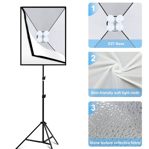 PULUZ 50x70cm Studio Softbox + 2m Tripod Mount + 4 x E27 20W 5700K White Light LED Light Bulb Photography Lighting Kit(US Plug)
