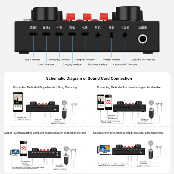 PULUZ Live Broadcasting Sound Card Bluetooth Karaoke Singing Recording Sound Mixer for Mobile Phone / Computer / Laptop / Tablet PC, Chinese Version(Black)