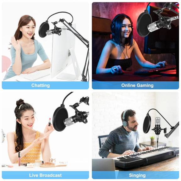 PULUZ Studio Broadcast Professional Singing Microphone Kits with Suspension Scissor Arm & Metal Shock Mount & USB Sound Card(Silver)